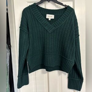 Pink Rose Deep Green V-Neck Sweater | Ribbed Knit | Women's | Like New